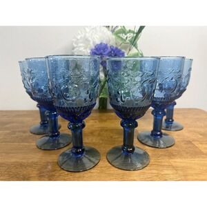 Vintage Cobalt Blue Embossed Fruit Wine Glasses‎ Set Holiday Bar Cart MCM